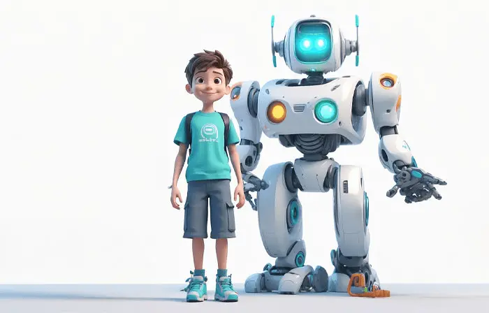 AI Robot and Boy Futuristic Artwork 3D Design Illustration